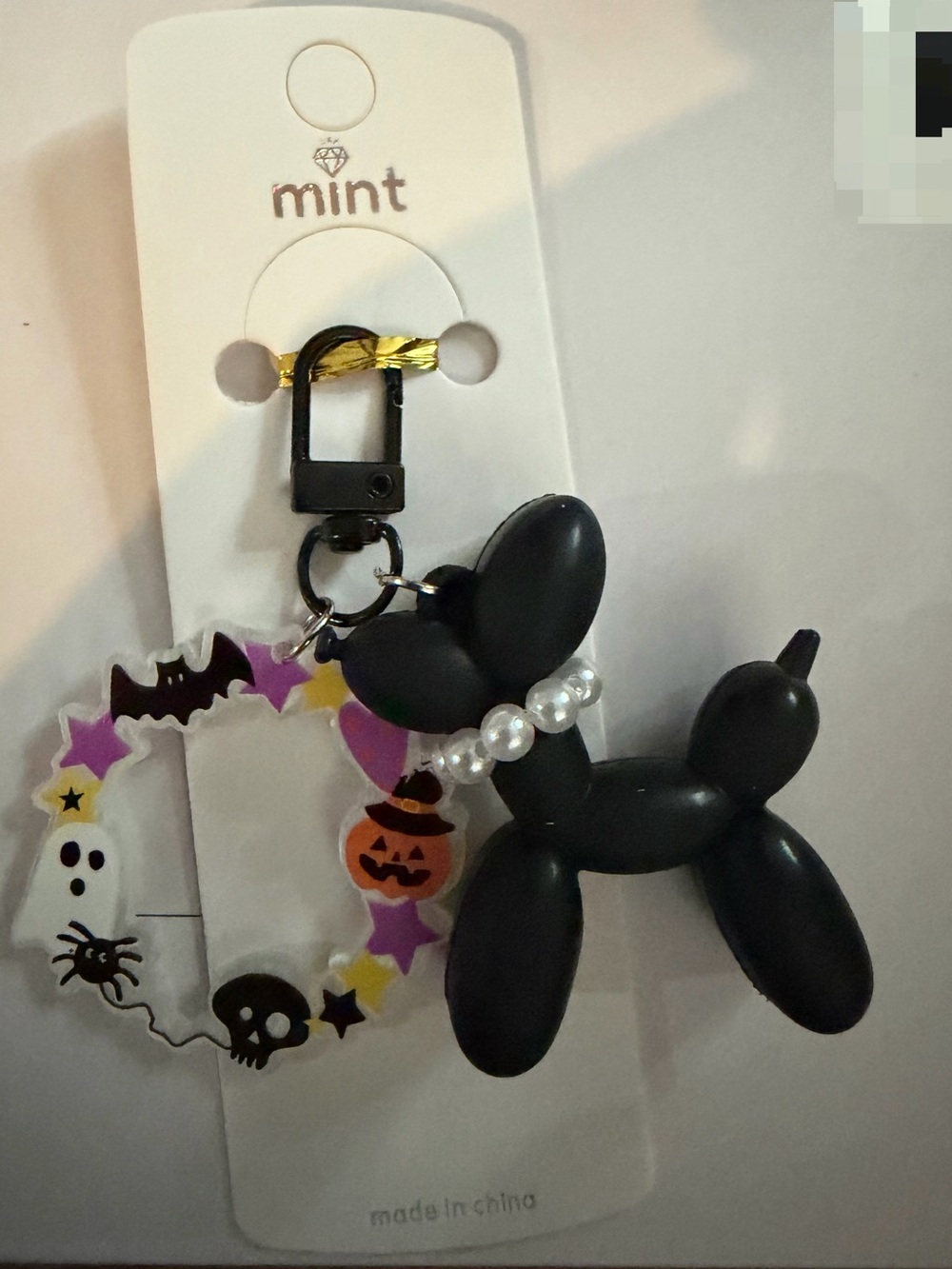 Mint Black Balloon Dog Keychain with Pearl Collar & Halloween Wreath Charm